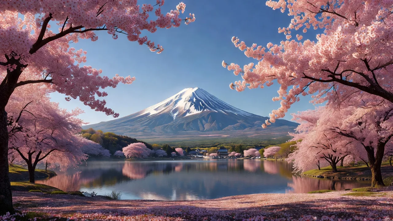 富士山と満開の桜が重なる春の風景