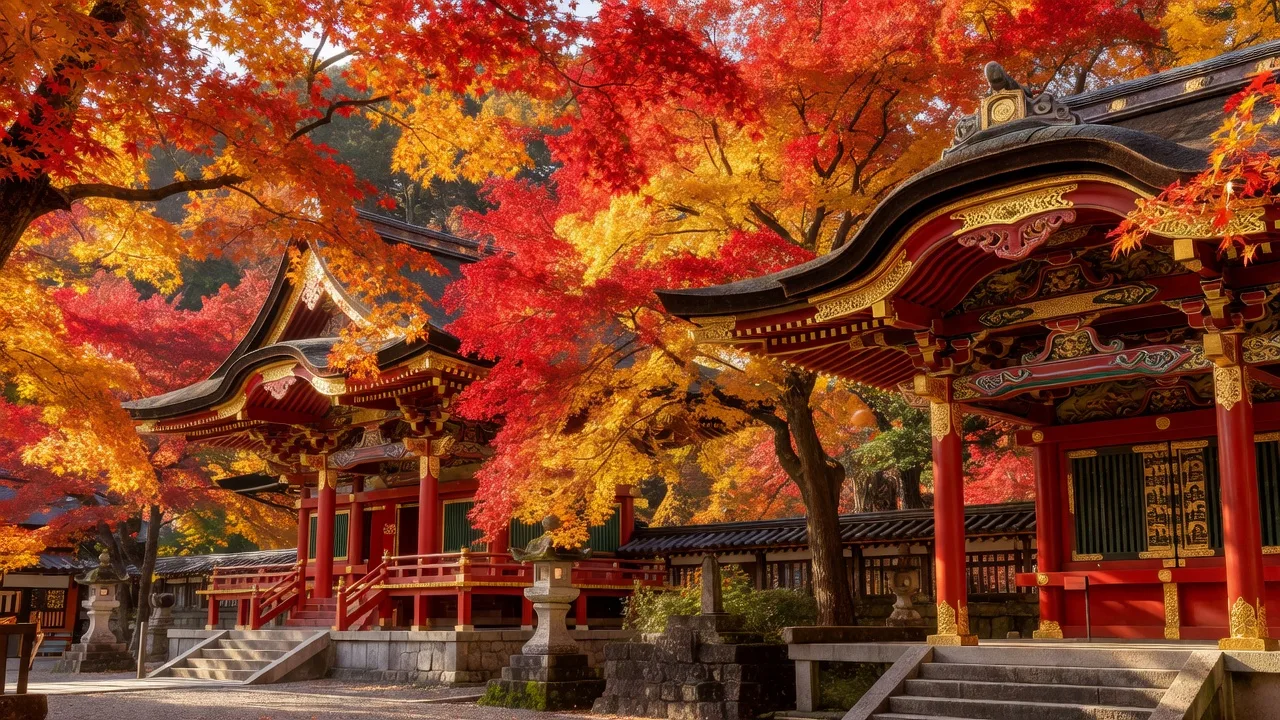 栃木県日光の紅葉に彩られた山々と社寺